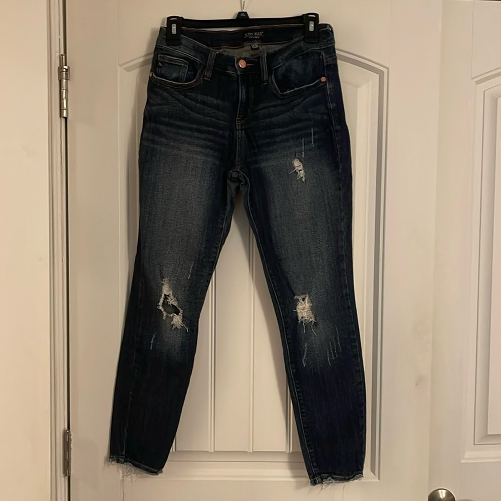 Judy Blue Womens Distressed Skinny Jeans Size XL 11/30 Dark Wash Cotton & Spande